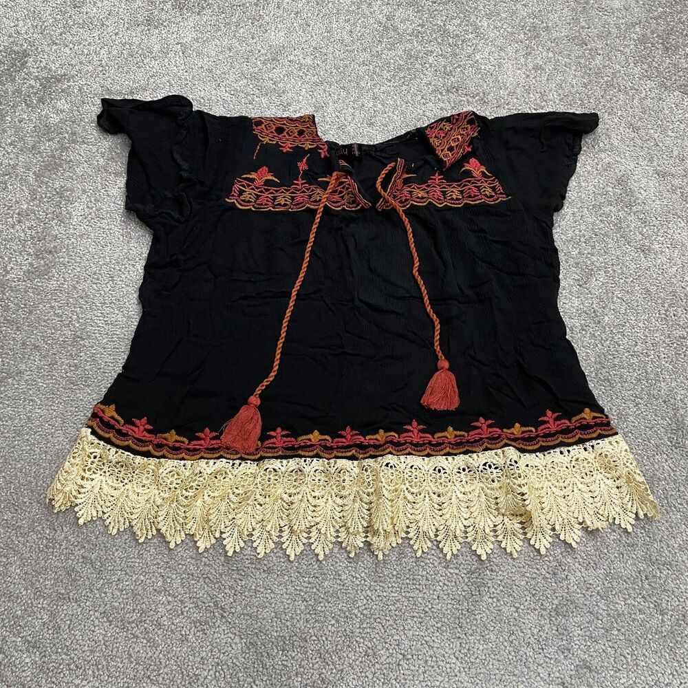 Ally Embroidered Bohemian Blouse Top Womens 4 Black Tasseled Short Sleeve Casual